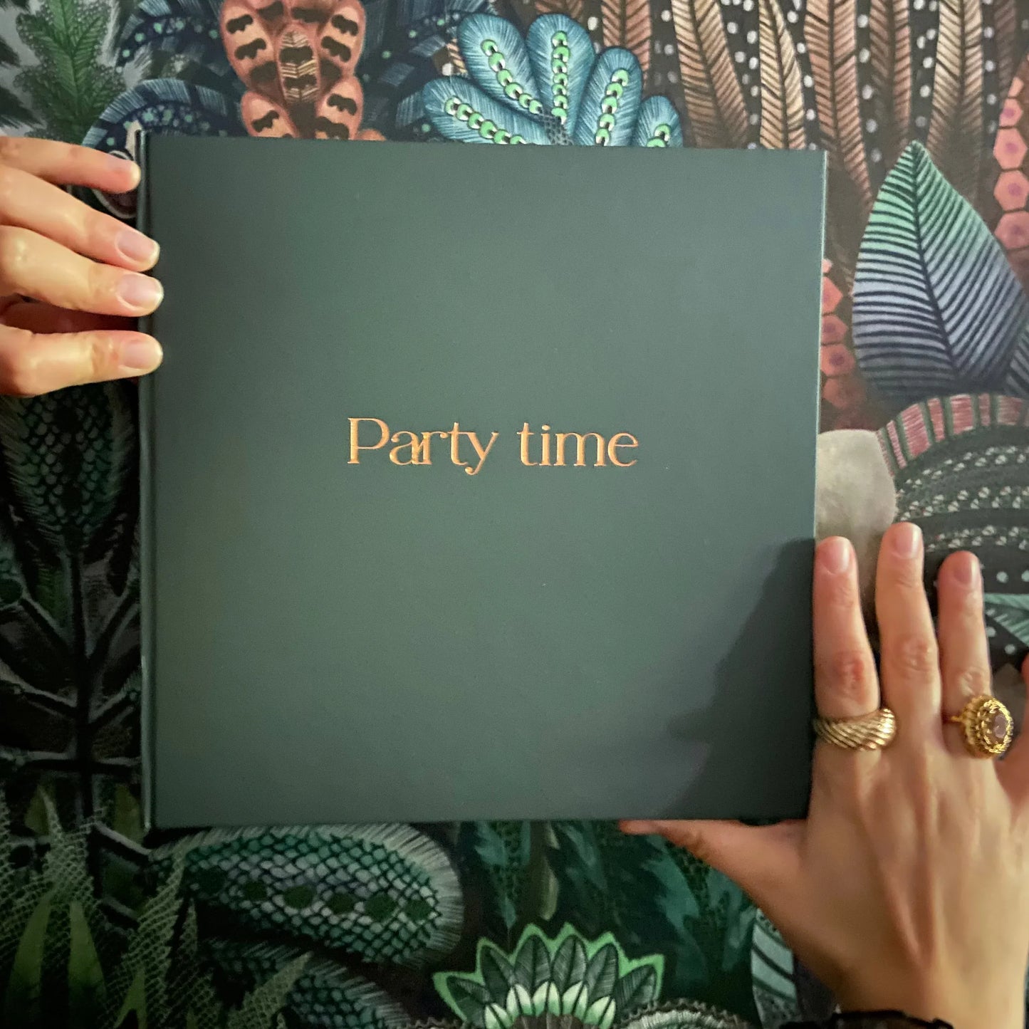 Dark Green Photo Album with the words "Party Time" Embossed in green letters on the front