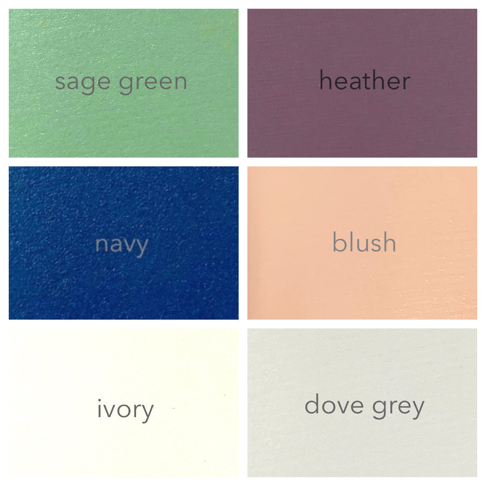 
                      
                        a chart showing the four colours available for the wedding guest book. The colours are sage green, heather, navy blue, blush pink, ivory and dove grey
                      
                    