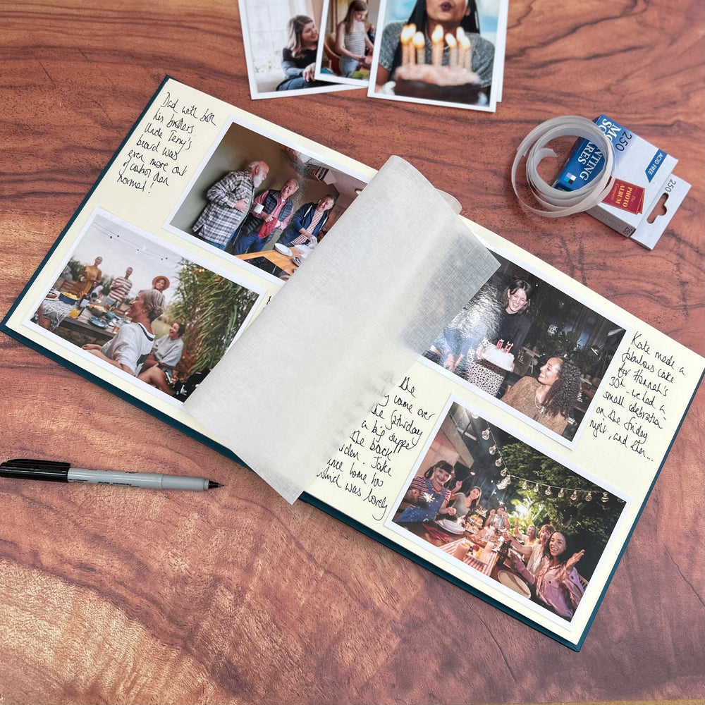 
                      
                        a wedding photo album lies open and you can see all the wedding photos which have been stuck inside. You can see the the mounting squares on the table too
                      
                    