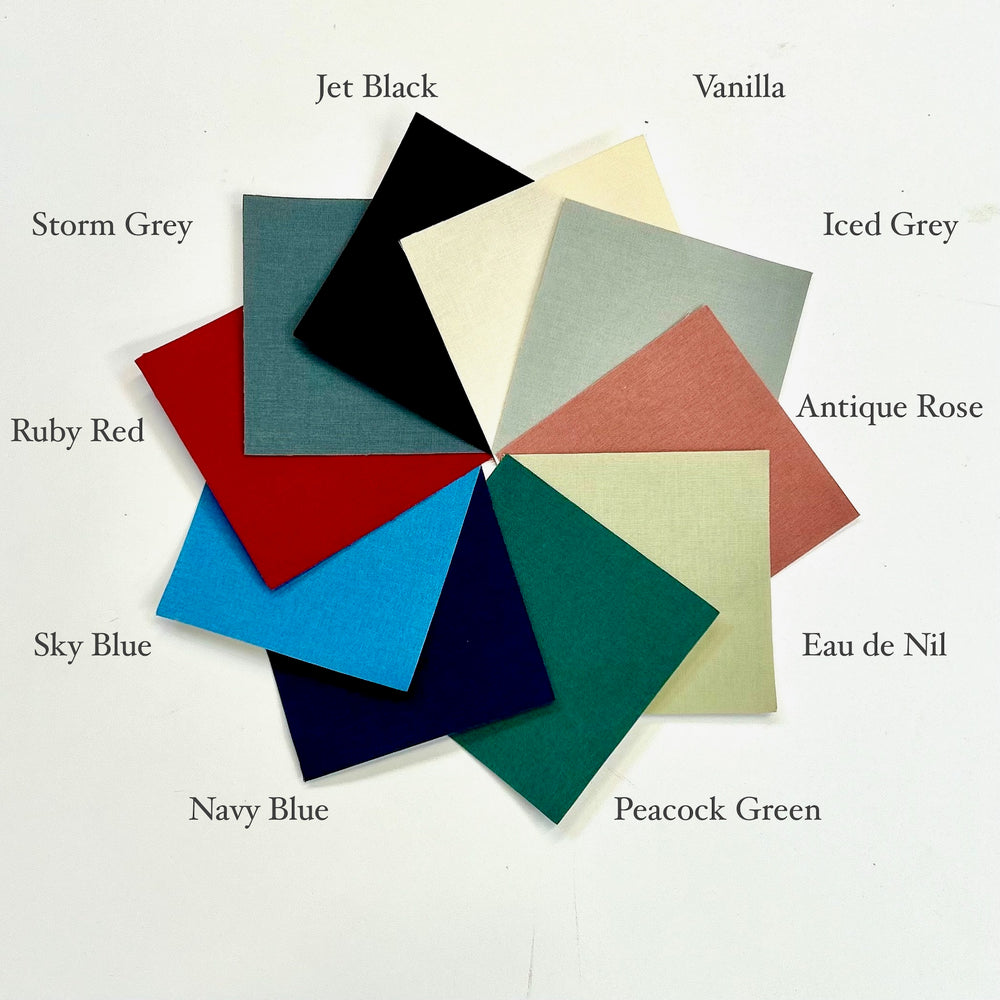 
                      
                        Examples of colour swatches for all of the options for book covers
                      
                    