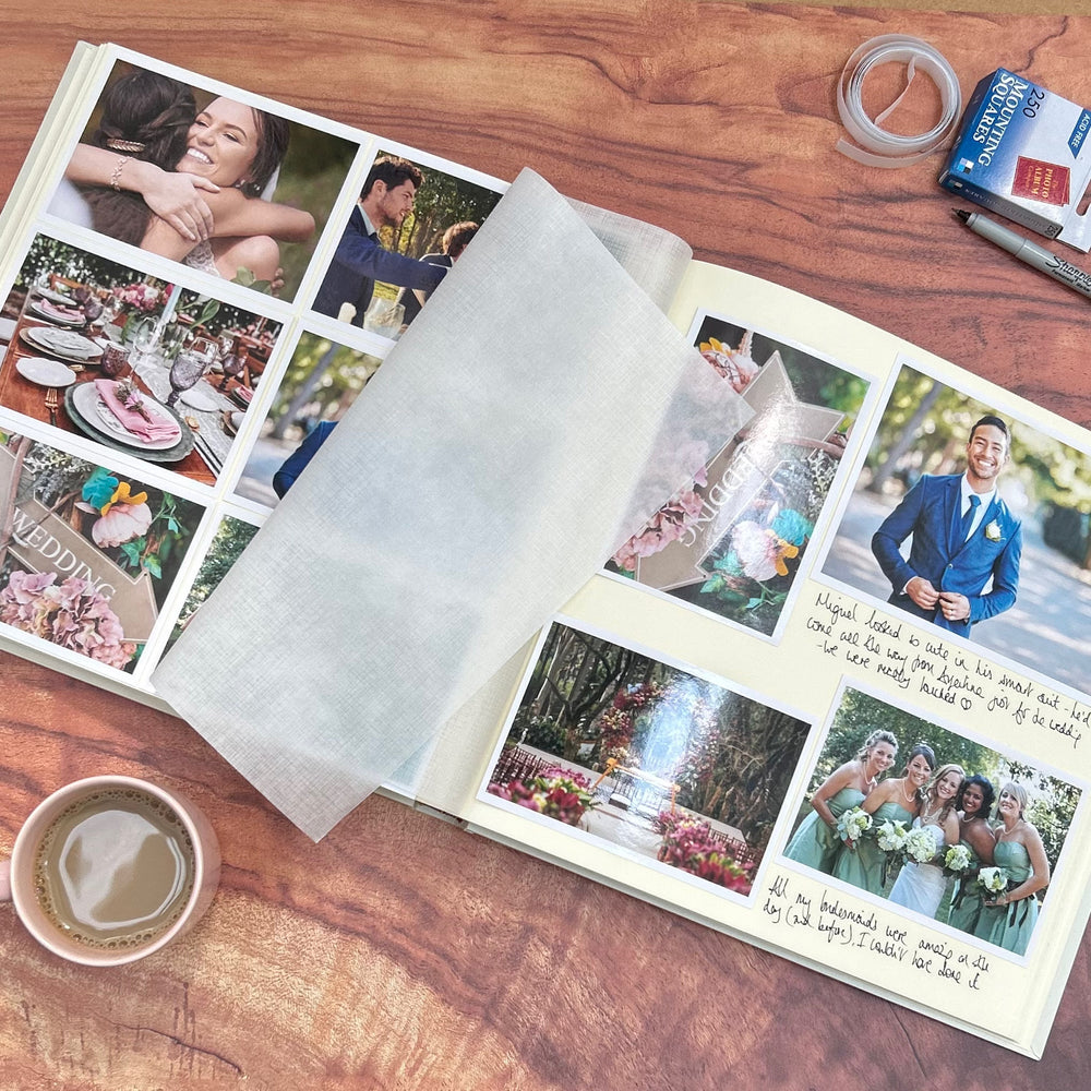 
                      
                        There is a large wedding album on a wooden table. We can see the inside which is filled with pictures and memories.
                      
                    