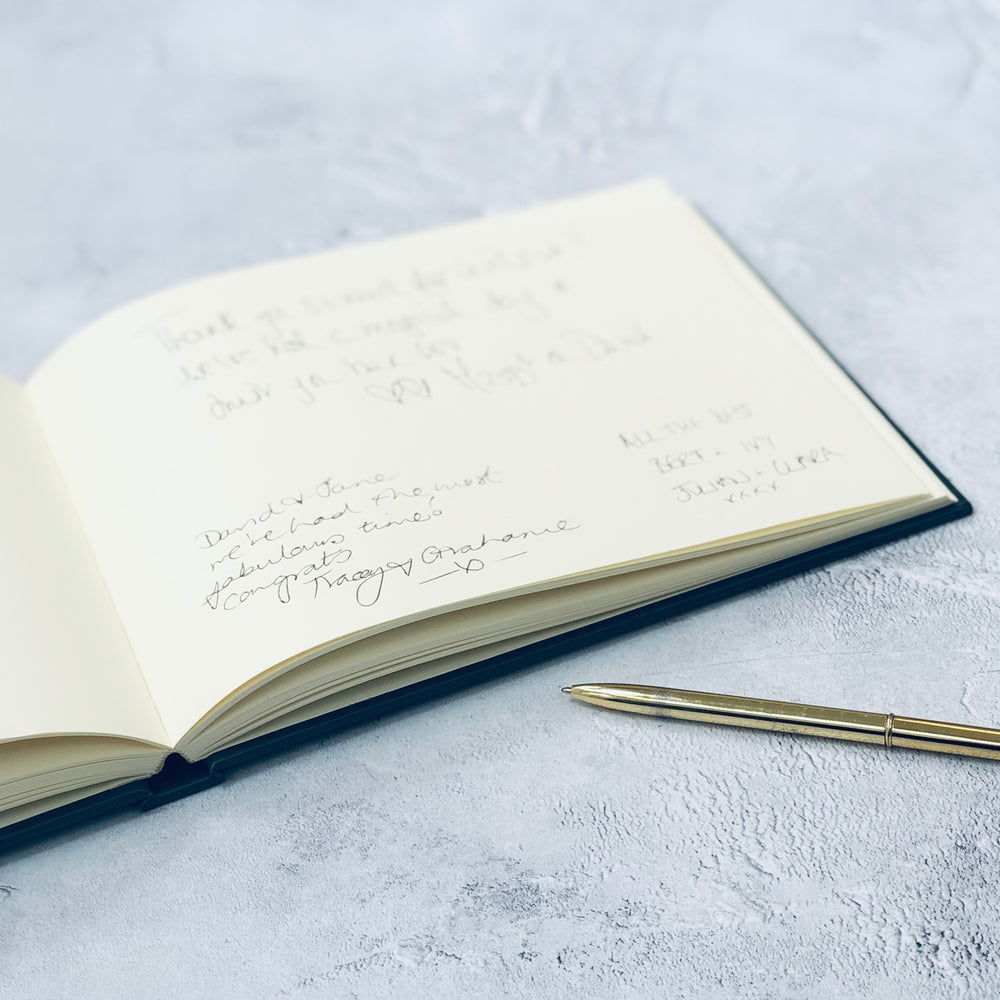 
                      
                        a guest book lies open on a table and you can see that it is full of messages
                      
                    